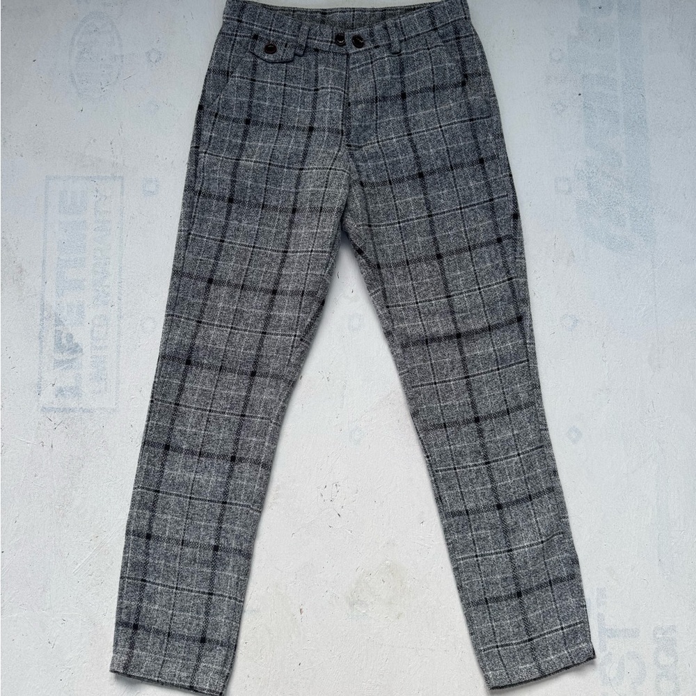 Gray Plaid Wool Blend Trousers